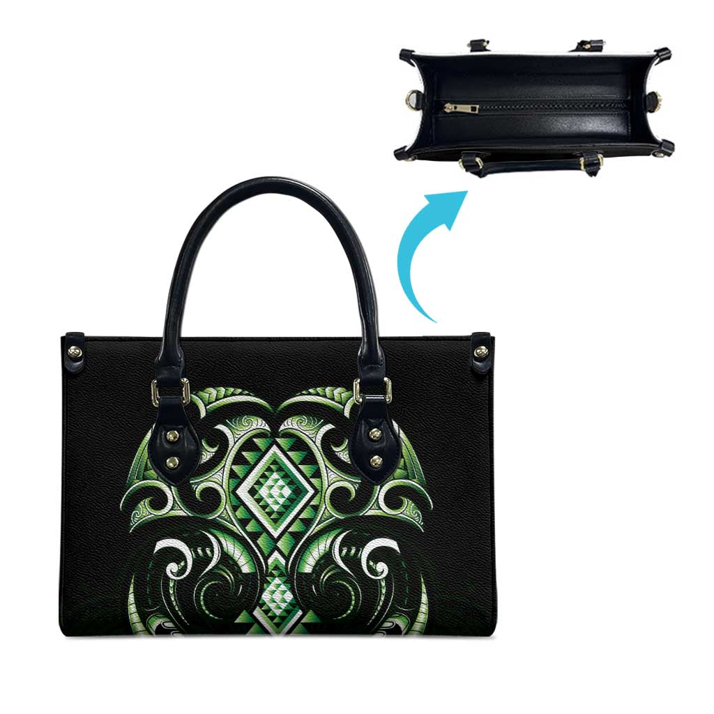 Green Ngaru Taniko With Aotearoa Maori Tattoo Leather Bag - Polynesian Pride