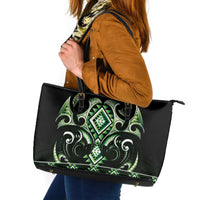Green Ngaru Taniko With Aotearoa Maori Tattoo Leather Tote Bag