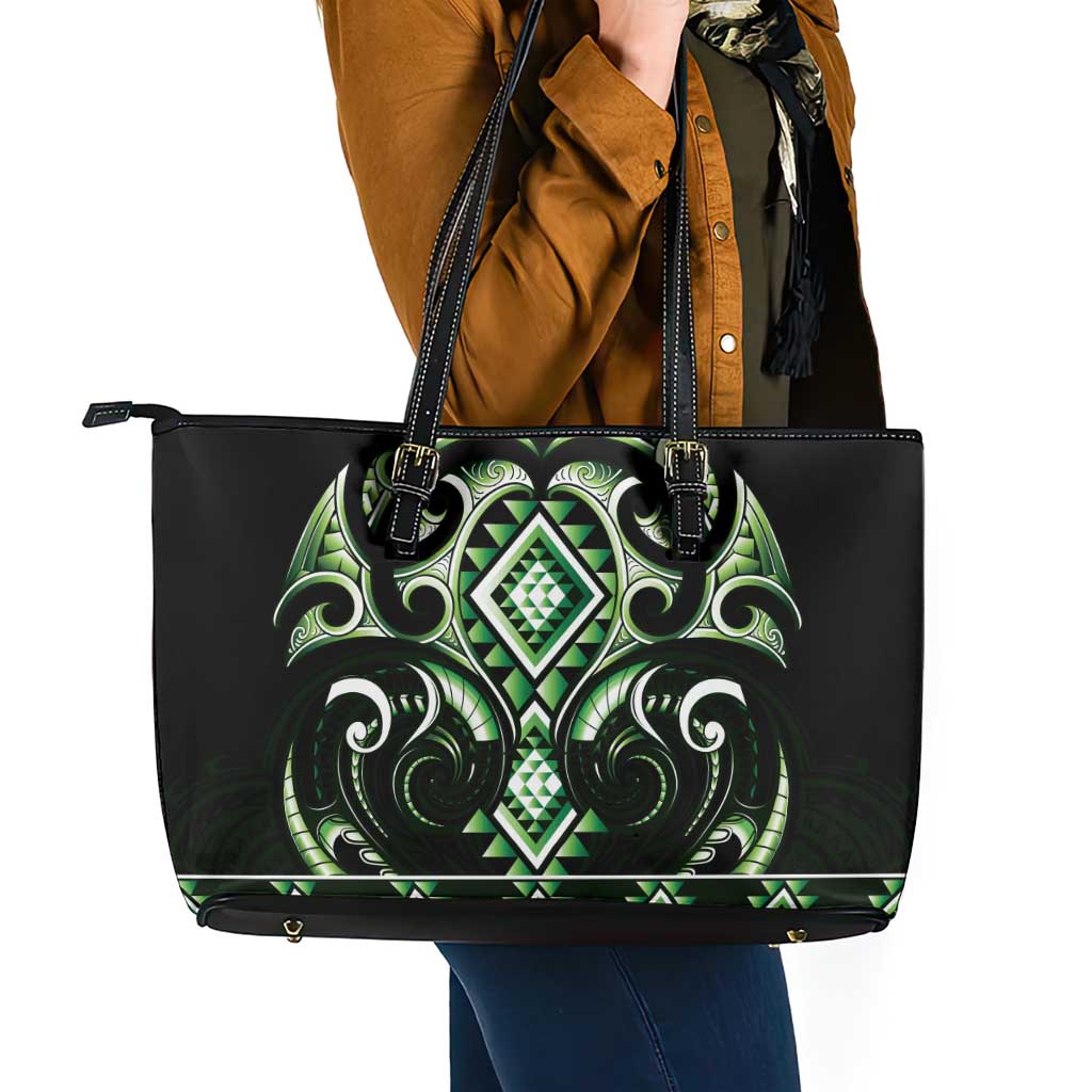Green Ngaru Taniko With Aotearoa Maori Tattoo Leather Tote Bag
