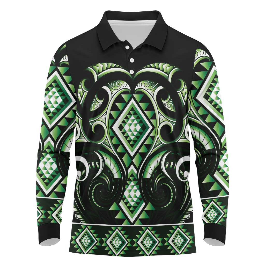 Green Ngaru Taniko With Aotearoa Maori Tattoo Long Sleeve Polo Shirt