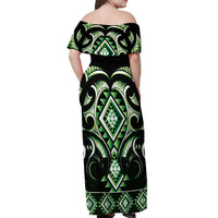Green Ngaru Taniko With Aotearoa Maori Tattoo Off Shoulder Maxi Dress
