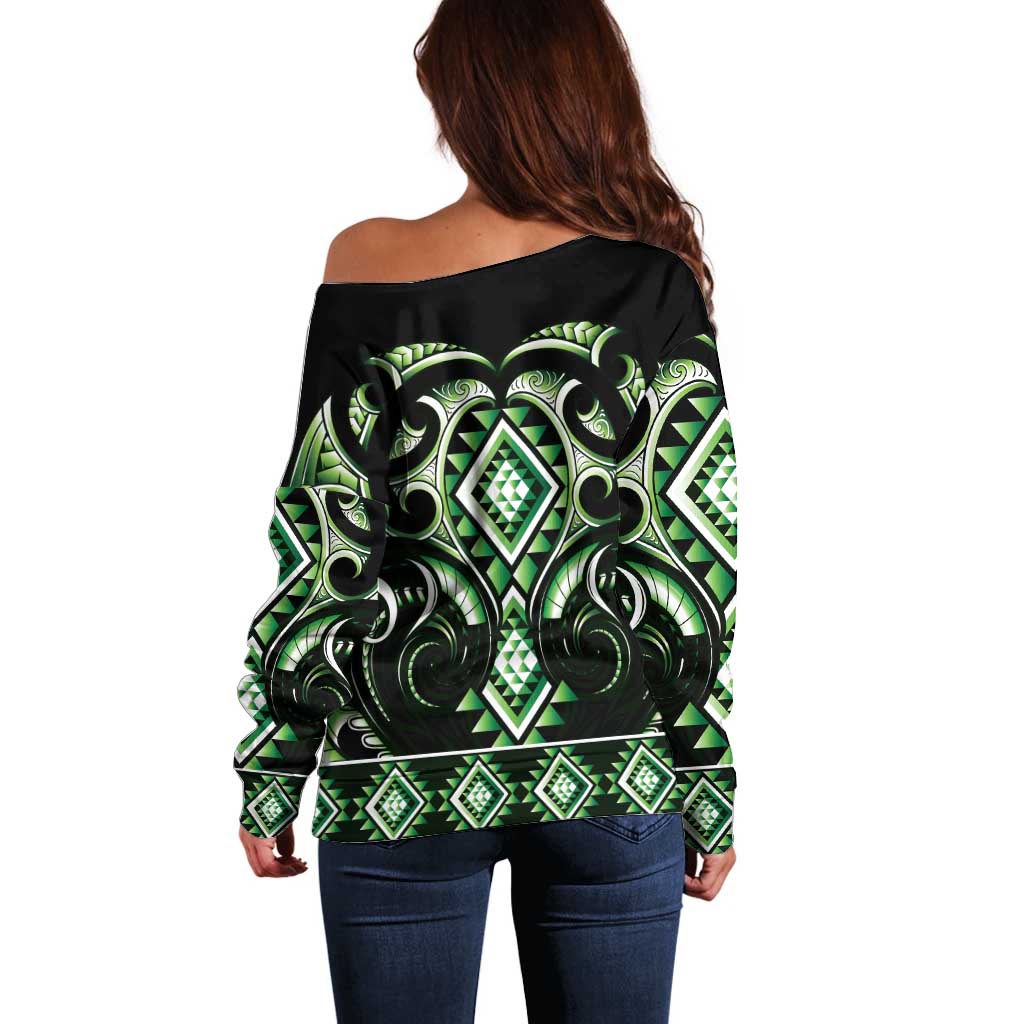 Green Ngaru Taniko With Aotearoa Maori Tattoo Off Shoulder Sweater