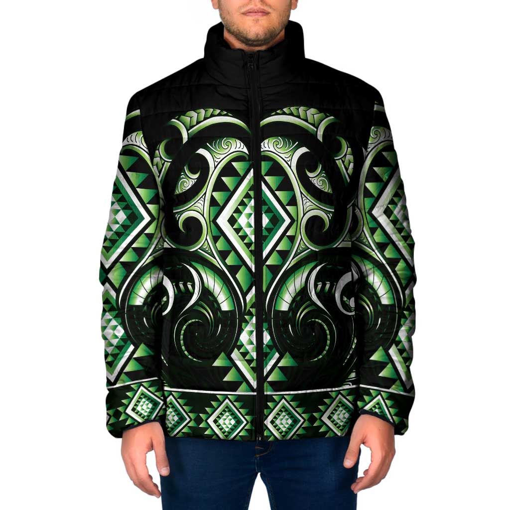 Green Ngaru Taniko With Aotearoa Maori Tattoo Padded Jacket LT14 Men Green - Polynesian Pride