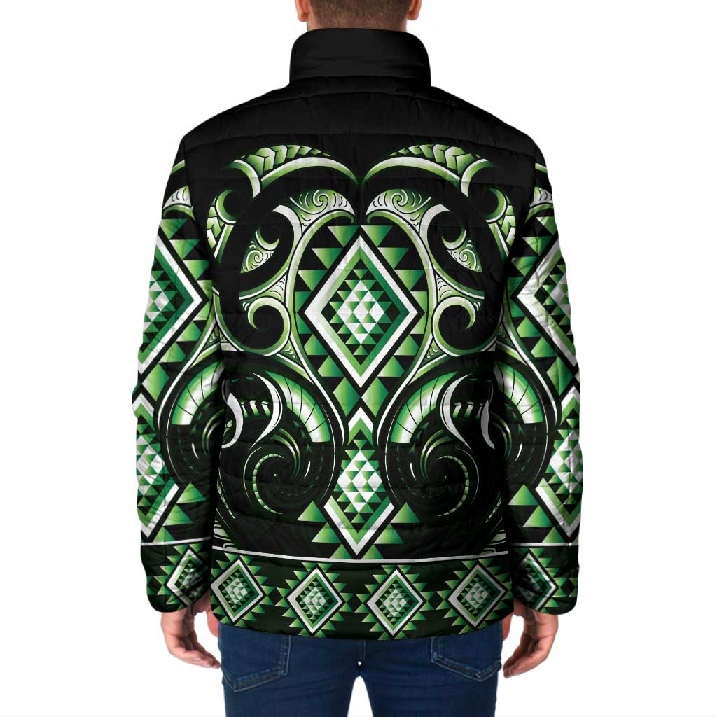 Green Ngaru Taniko With Aotearoa Maori Tattoo Padded Jacket LT14 - Polynesian Pride