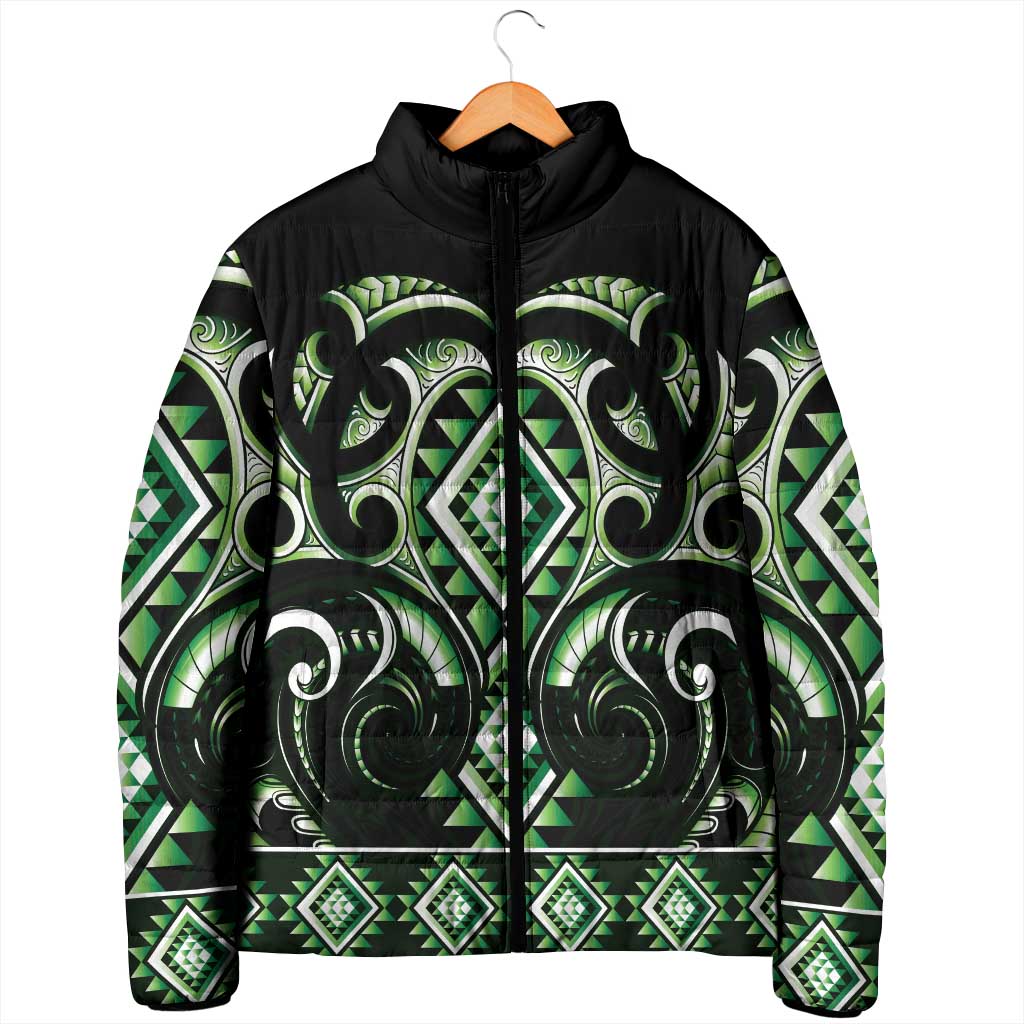 Green Ngaru Taniko With Aotearoa Maori Tattoo Padded Jacket LT14 - Polynesian Pride