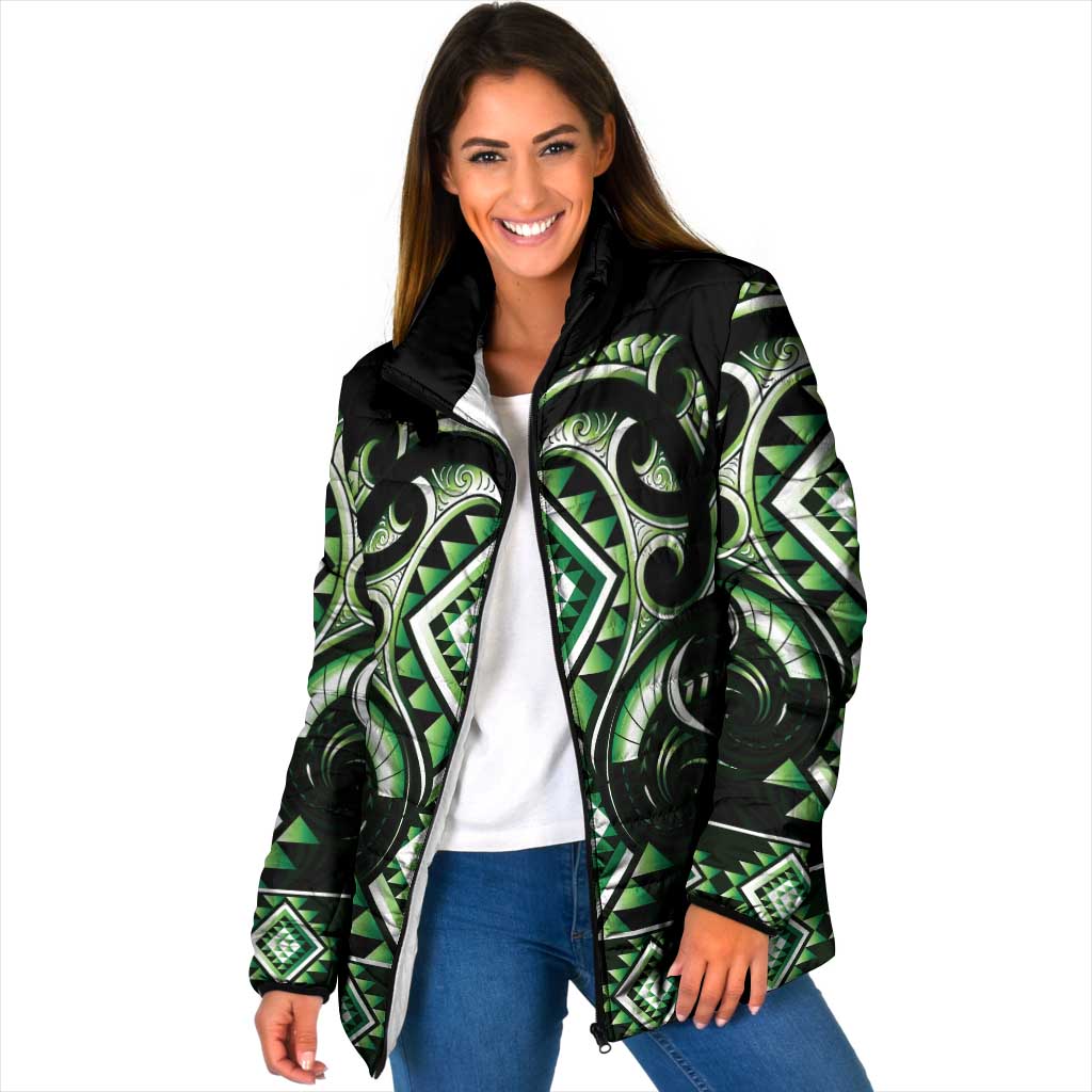 Green Ngaru Taniko With Aotearoa Maori Tattoo Padded Jacket LT14 Women Green - Polynesian Pride
