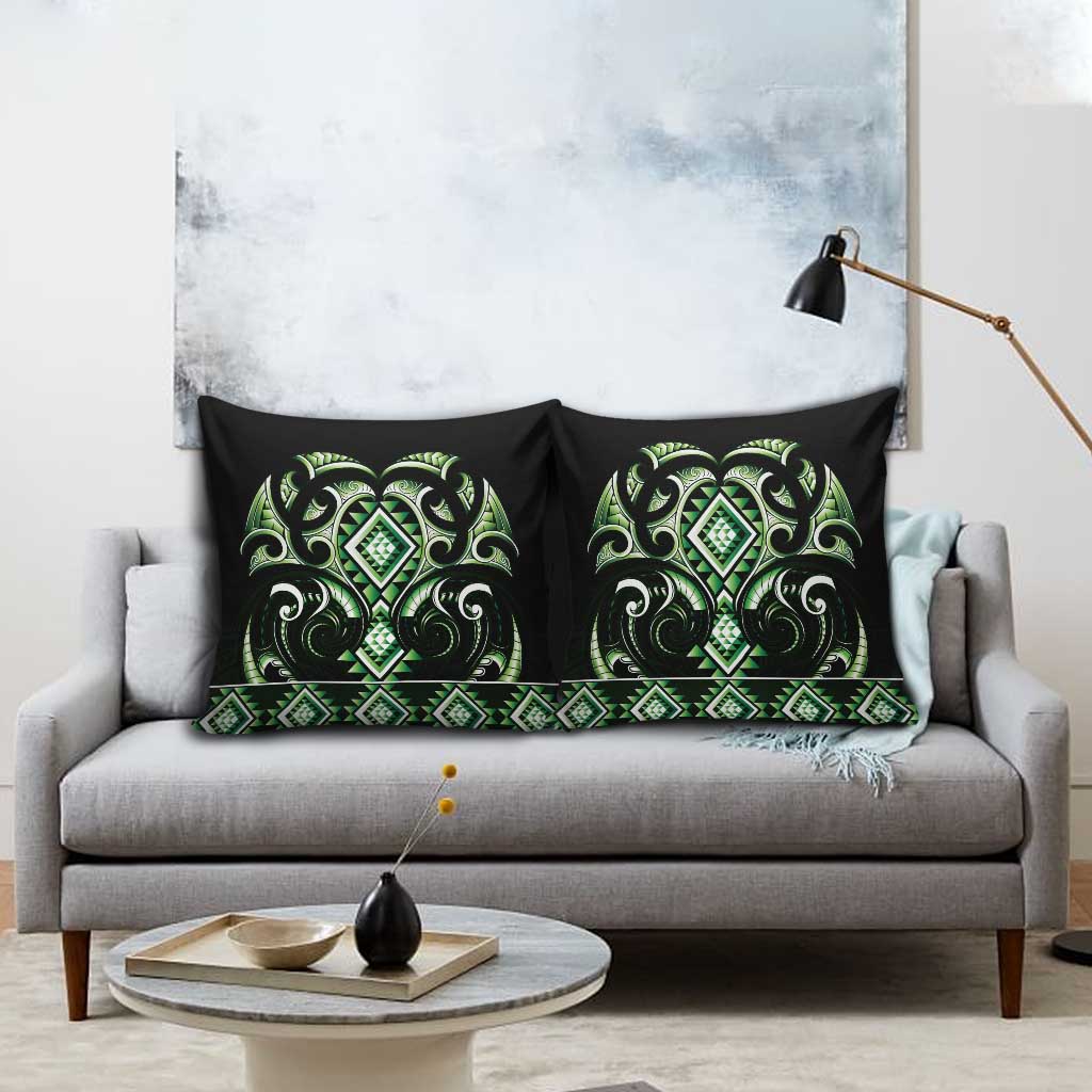 Green Ngaru Taniko With Aotearoa Maori Tattoo Pillow Cover - Polynesian Pride