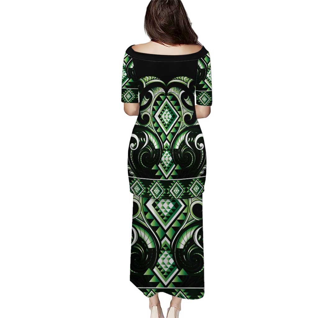 Green Ngaru Taniko With Aotearoa Maori Tattoo Puletasi