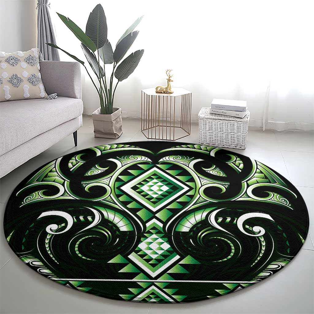 Green Ngaru Taniko With Aotearoa Maori Tattoo Round Carpet LT14 - Polynesian Pride