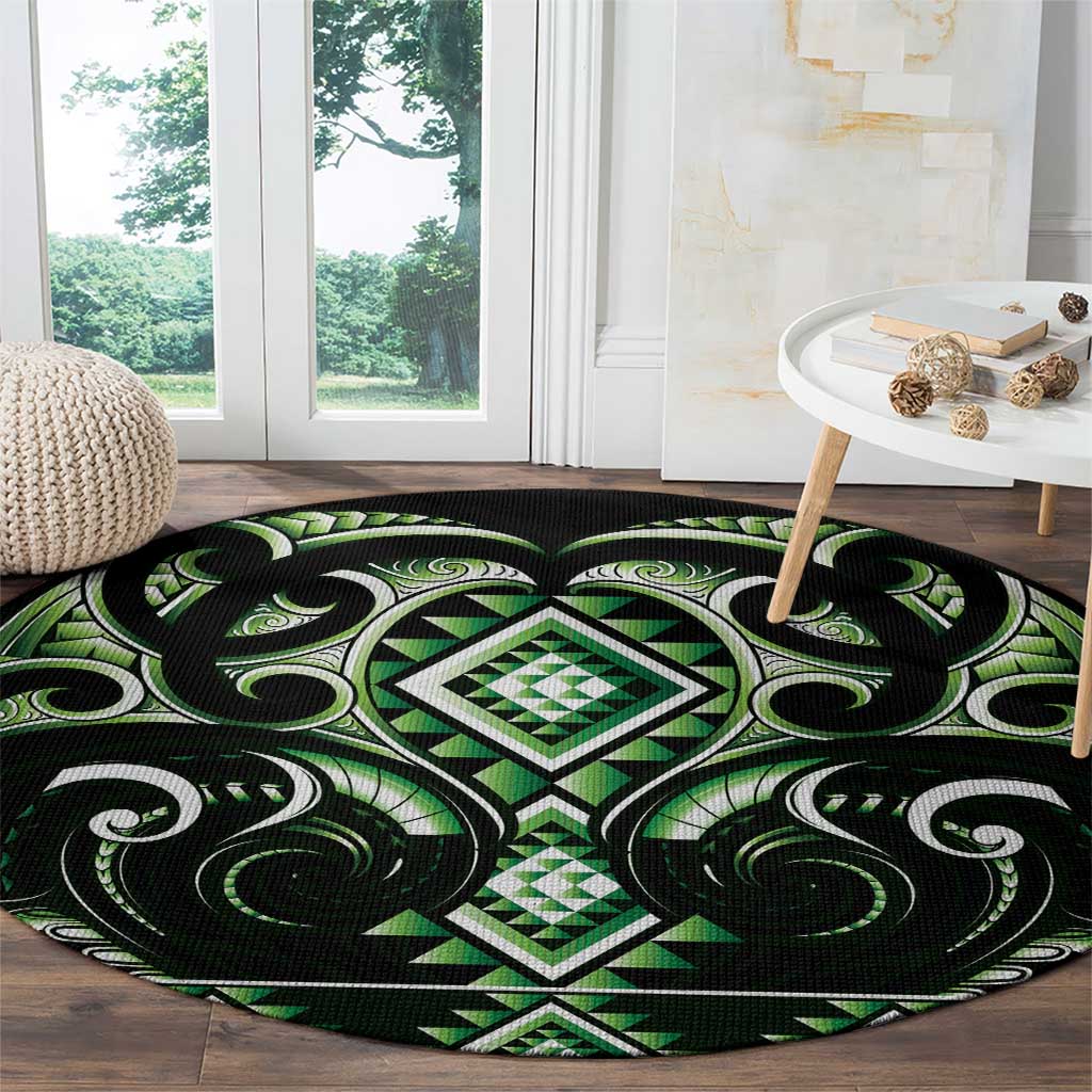 Green Ngaru Taniko With Aotearoa Maori Tattoo Round Carpet LT14 - Polynesian Pride