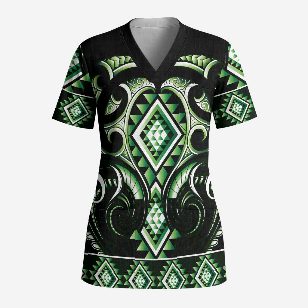 Green Ngaru Taniko With Aotearoa Maori Tattoo Scrub Top - Polynesian Pride
