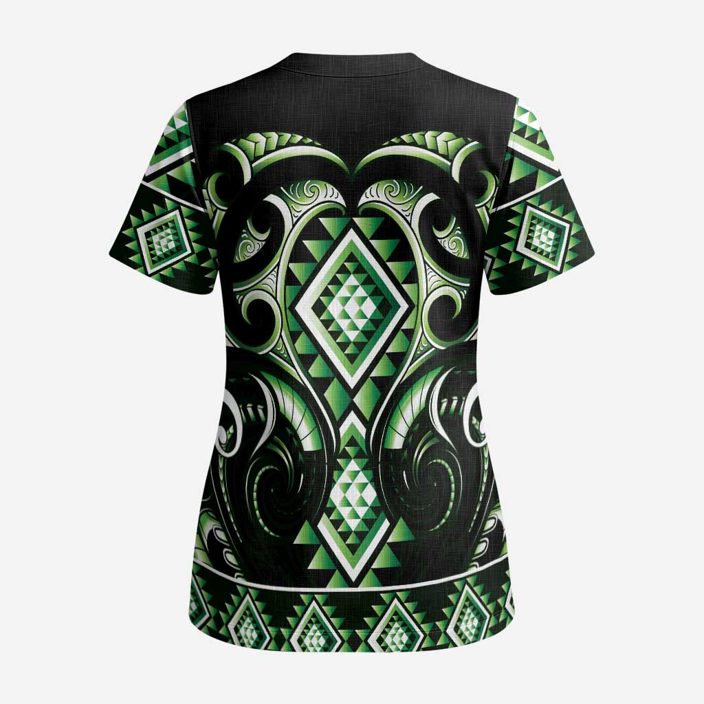 Green Ngaru Taniko With Aotearoa Maori Tattoo Scrub Top - Polynesian Pride