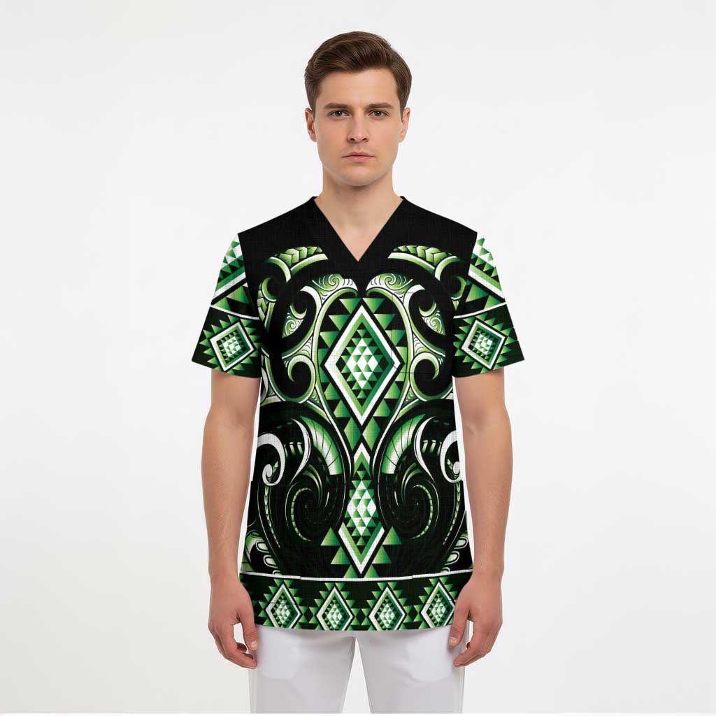 Green Ngaru Taniko With Aotearoa Maori Tattoo Scrub Top - Polynesian Pride
