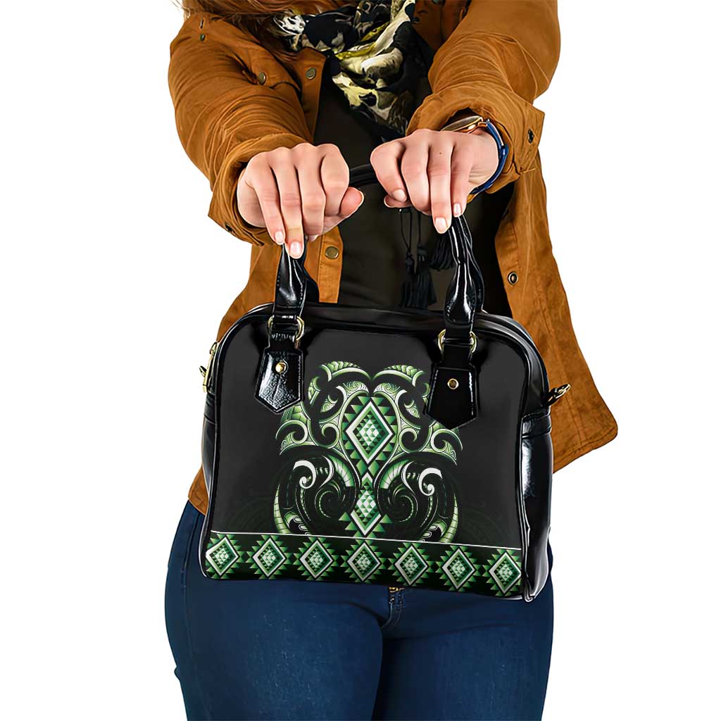 Green Ngaru Taniko With Aotearoa Maori Tattoo Shoulder Handbag LT14 One Size Green - Polynesian Pride