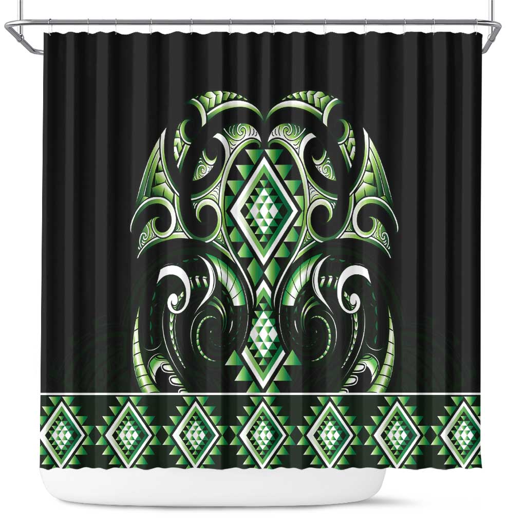 Green Ngaru Taniko With Aotearoa Maori Tattoo Shower Curtain LT14 Green - Polynesian Pride