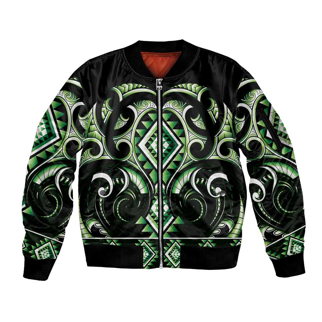 Green Ngaru Taniko With Aotearoa Maori Tattoo Sleeve Zip Bomber Jacket LT14 Unisex Green - Polynesian Pride