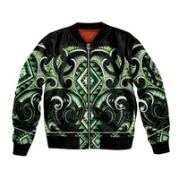 Green Ngaru Taniko With Aotearoa Maori Tattoo Sleeve Zip Bomber Jacket LT14 Unisex Green - Polynesian Pride
