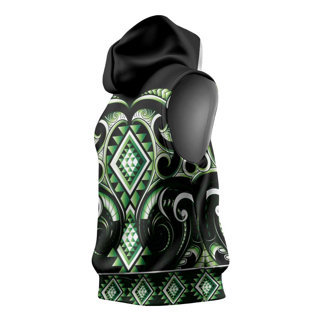 Green Ngaru Taniko With Aotearoa Maori Tattoo Sleeveless Hoodie LT14 - Polynesian Pride