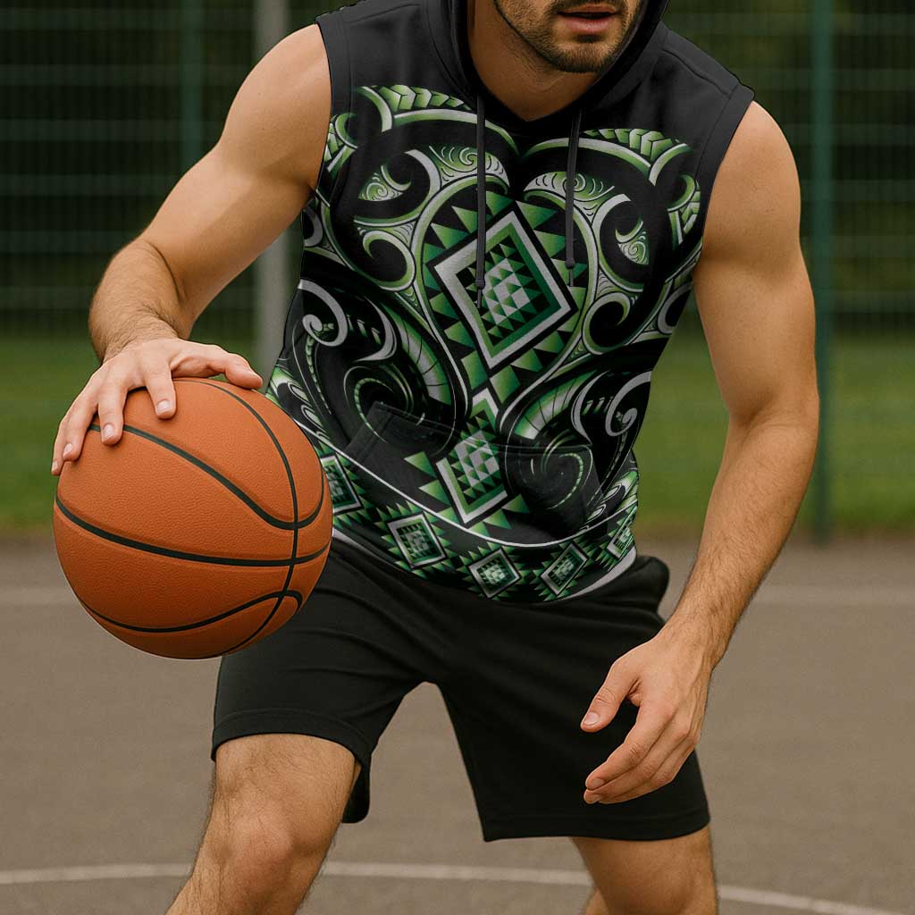 Green Ngaru Taniko With Aotearoa Maori Tattoo Sleeveless Hoodie LT14 - Polynesian Pride