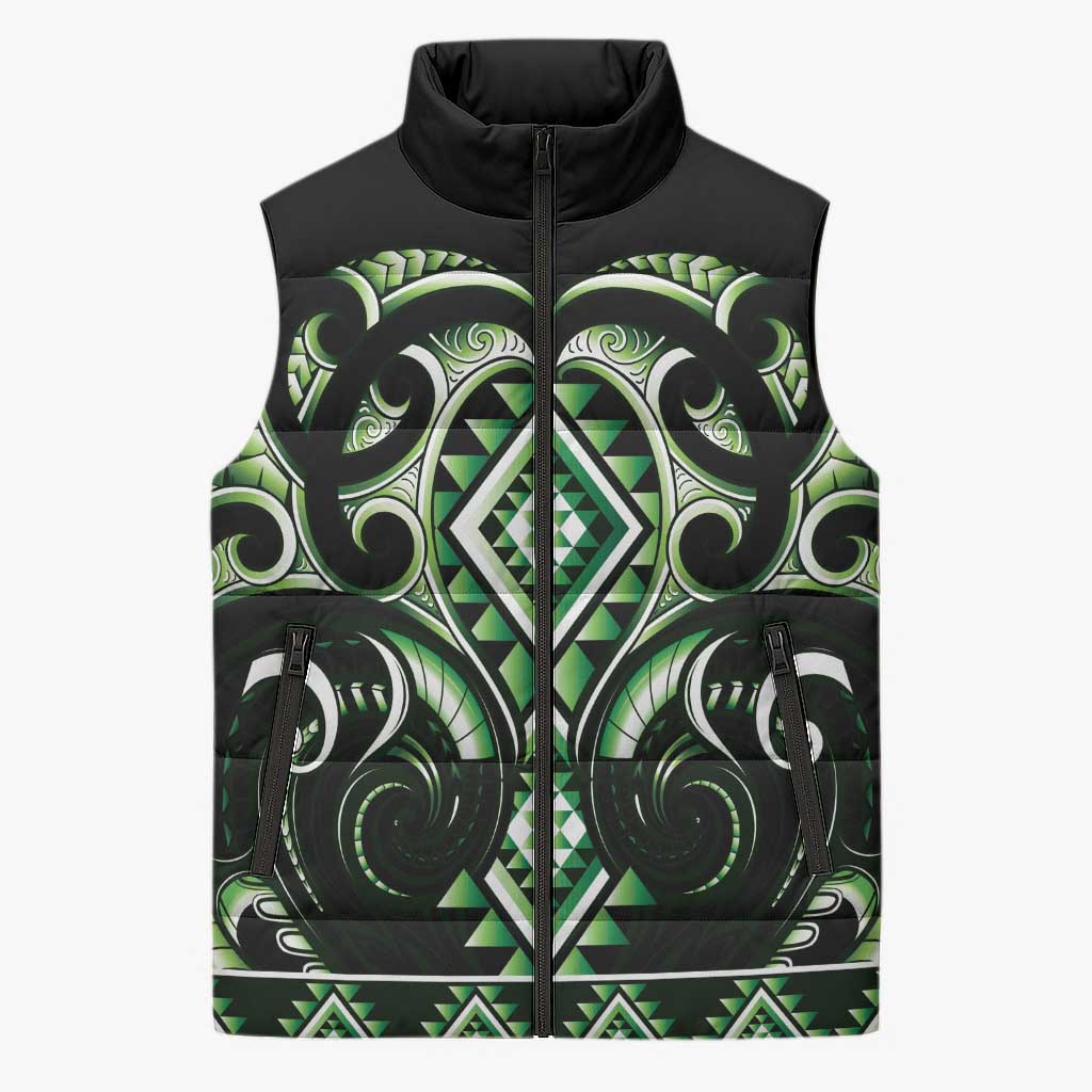 Green Ngaru Taniko With Aotearoa Maori Tattoo Sleeveless Puffer Jacket LT14 Unisex Green - Polynesian Pride