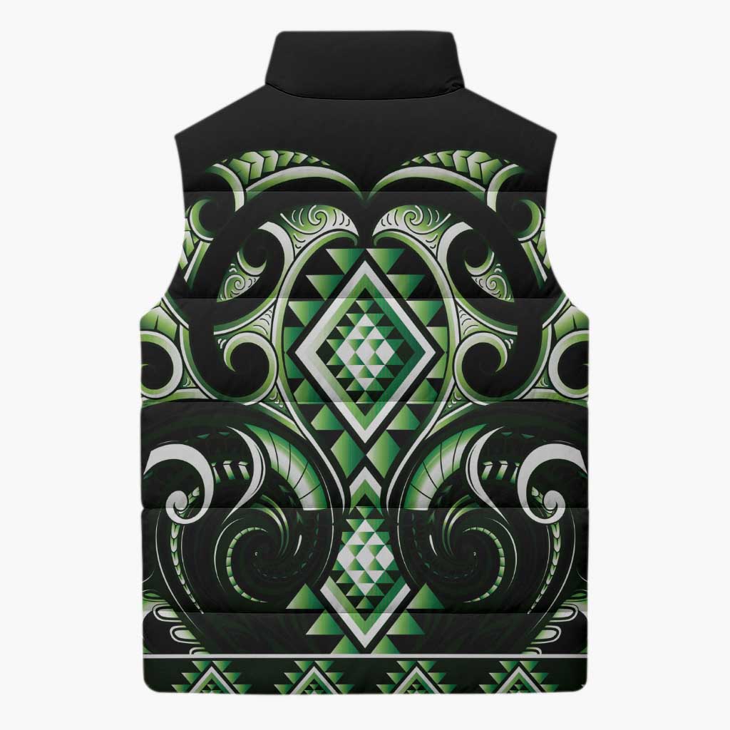 Green Ngaru Taniko With Aotearoa Maori Tattoo Sleeveless Puffer Jacket LT14 - Polynesian Pride