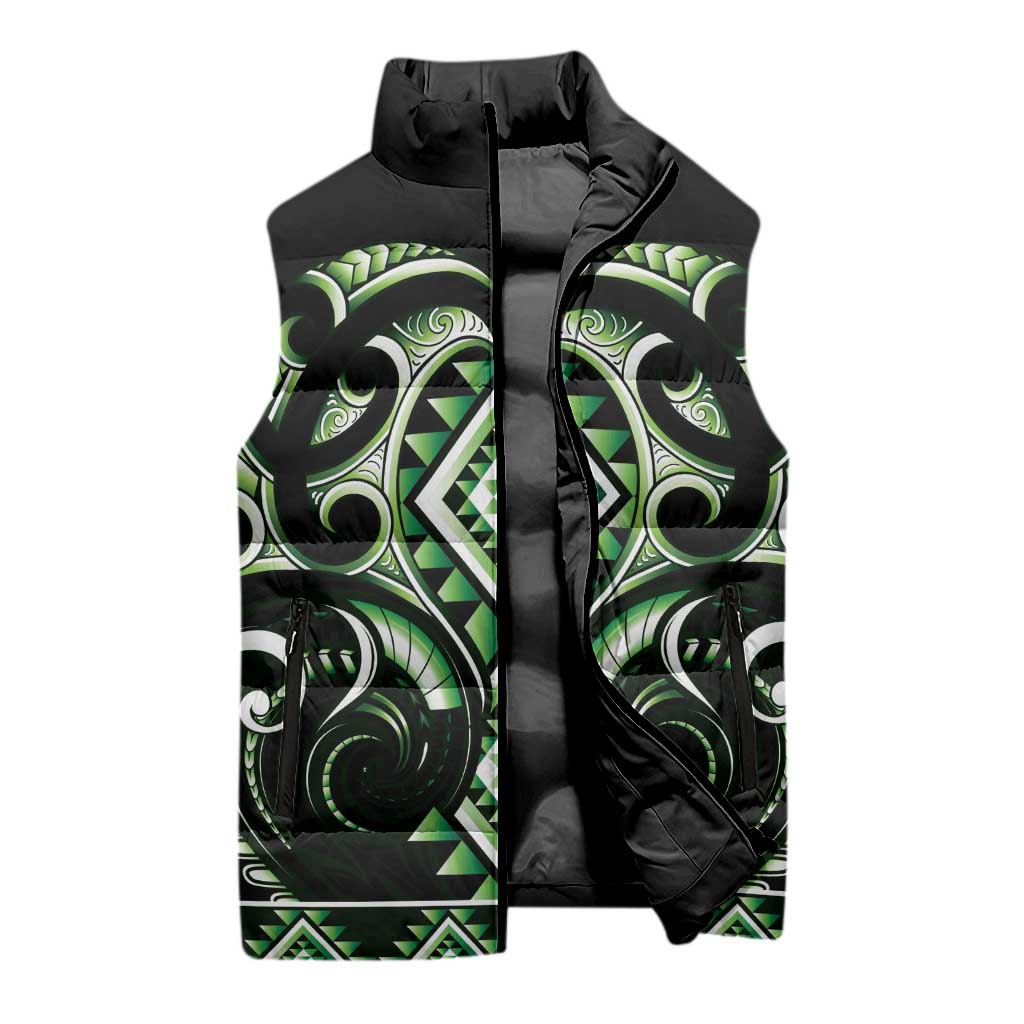 Green Ngaru Taniko With Aotearoa Maori Tattoo Sleeveless Puffer Jacket LT14 - Polynesian Pride