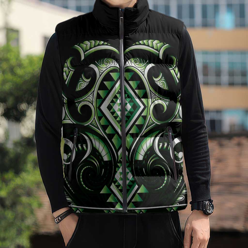 Green Ngaru Taniko With Aotearoa Maori Tattoo Sleeveless Puffer Jacket LT14 - Polynesian Pride