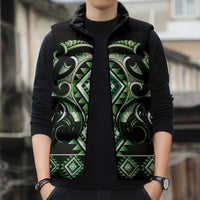 Green Ngaru Taniko With Aotearoa Maori Tattoo Sleeveless Puffer Jacket LT14 - Polynesian Pride