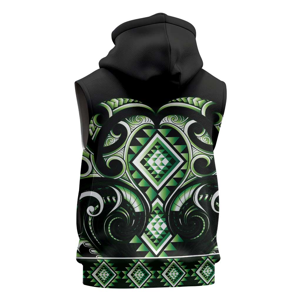 Green Ngaru Taniko With Aotearoa Maori Tattoo Sleeveless Zip Hoodie - Polynesian Pride