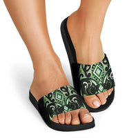Green Ngaru Taniko With Aotearoa Maori Tattoo Slide Sandals - Polynesian Pride