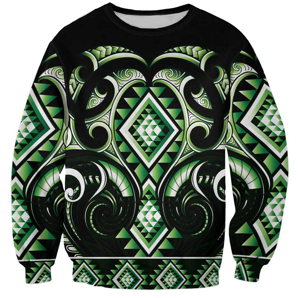 Green Ngaru Taniko With Aotearoa Maori Tattoo Sweatshirt