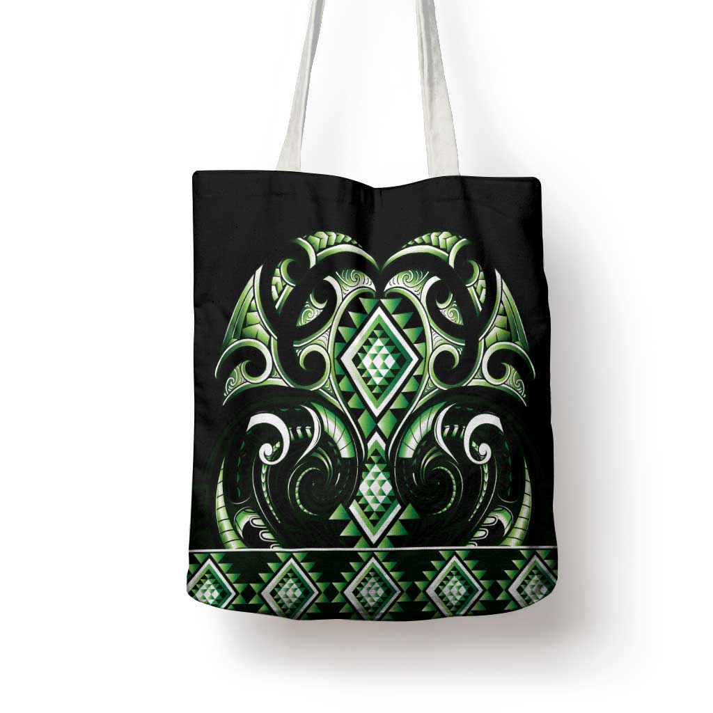 Green Ngaru Taniko With Aotearoa Maori Tattoo Tote Bag - Polynesian Pride