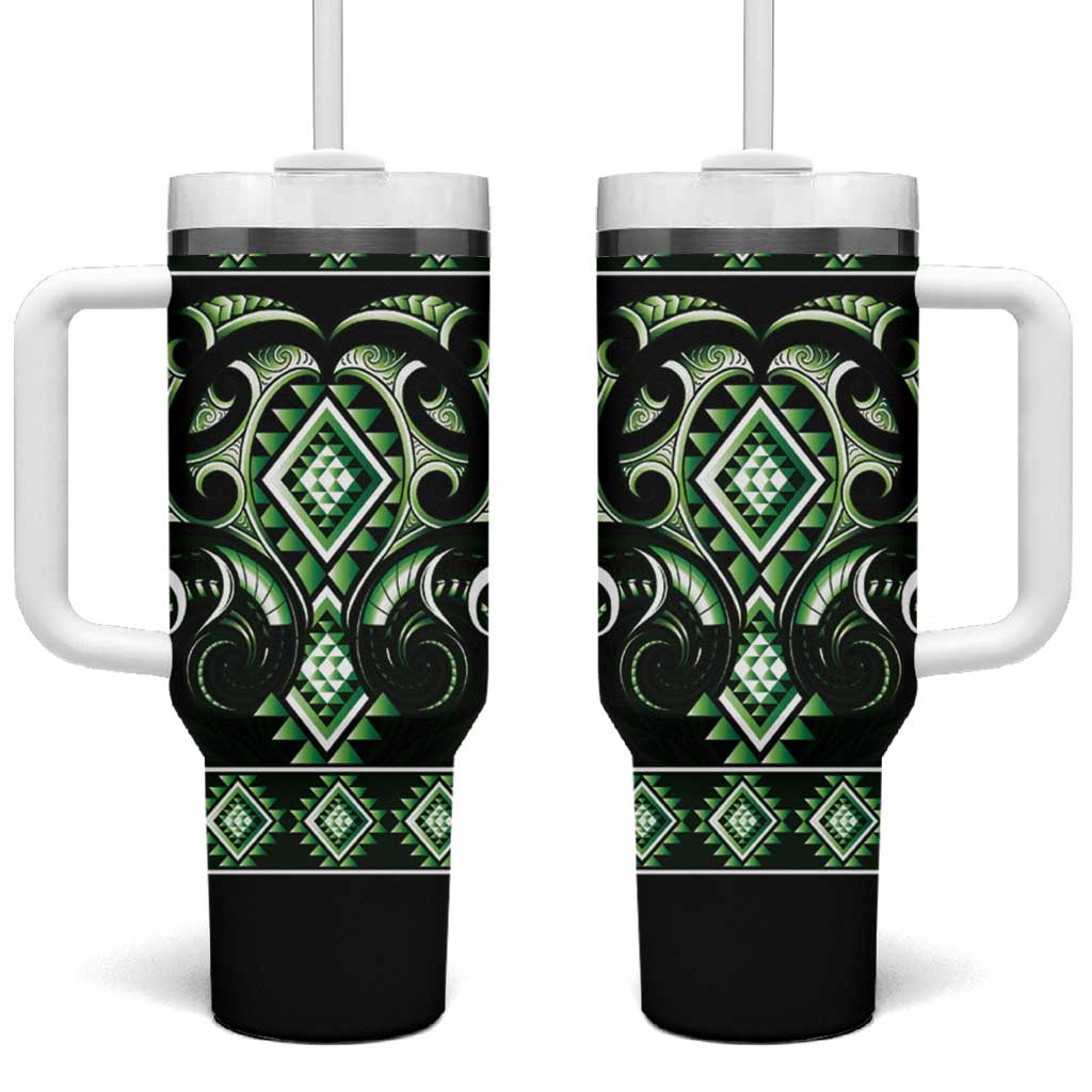 Green Ngaru Taniko With Aotearoa Maori Tattoo Tumbler With Handle