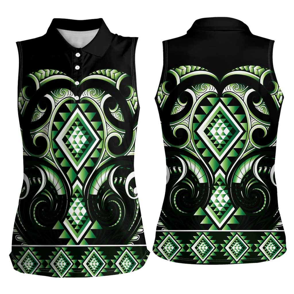 Green Ngaru Taniko With Aotearoa Maori Tattoo Women Sleeveless Polo Shirt