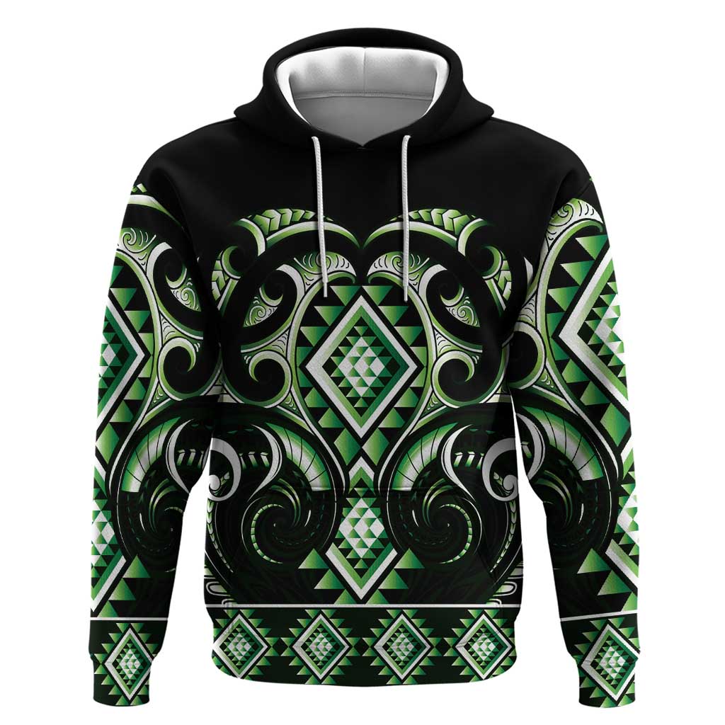 Green Ngaru Taniko With Aotearoa Maori Tattoo Zip Hoodie