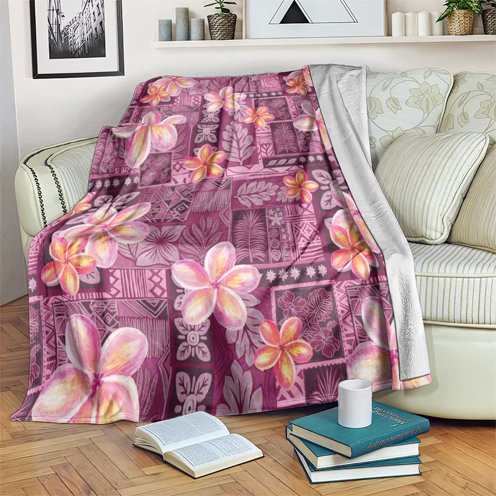 Pink Hawaii Plumeria With Tropical Flowers Motifs Blanket