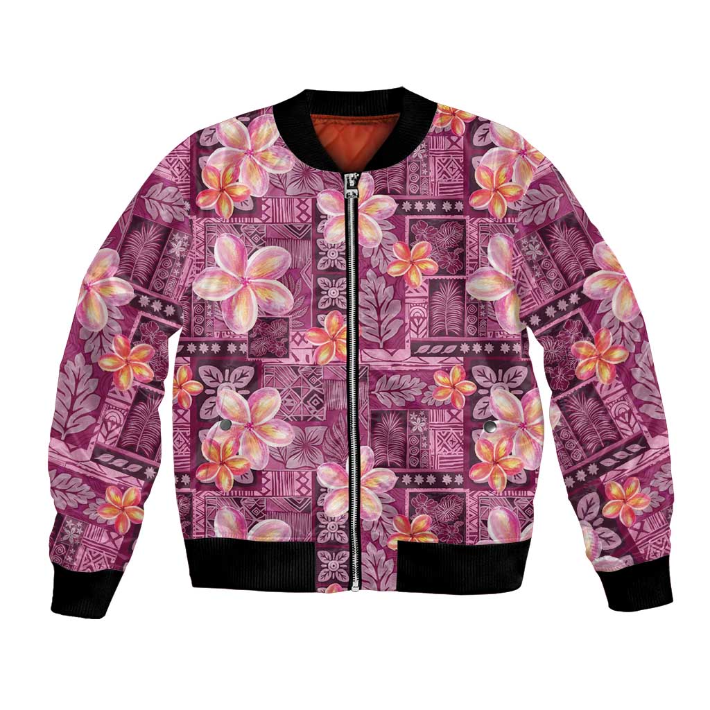 Pink Hawaii Plumeria With Tropical Flowers Motifs Bomber Jacket