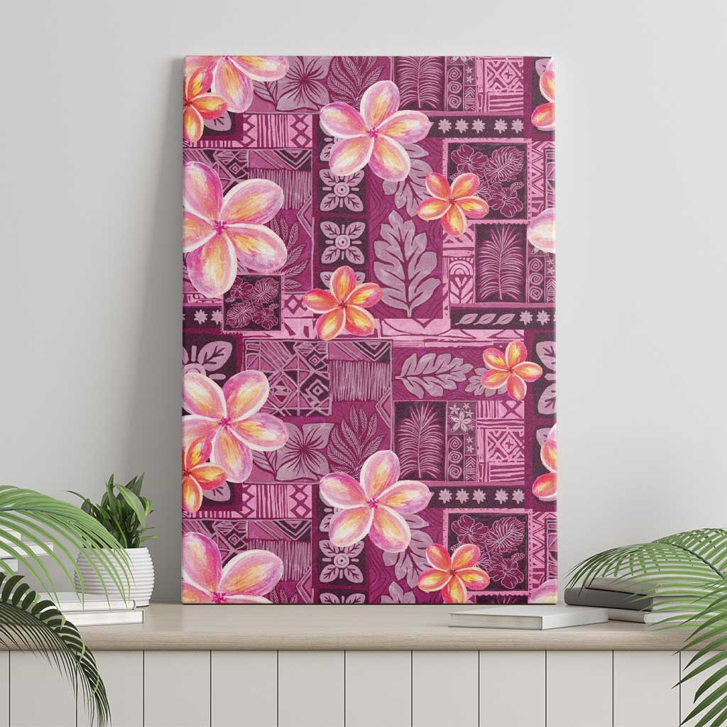 Pink Hawaii Plumeria With Tropical Flowers Motifs Canvas Wall Art