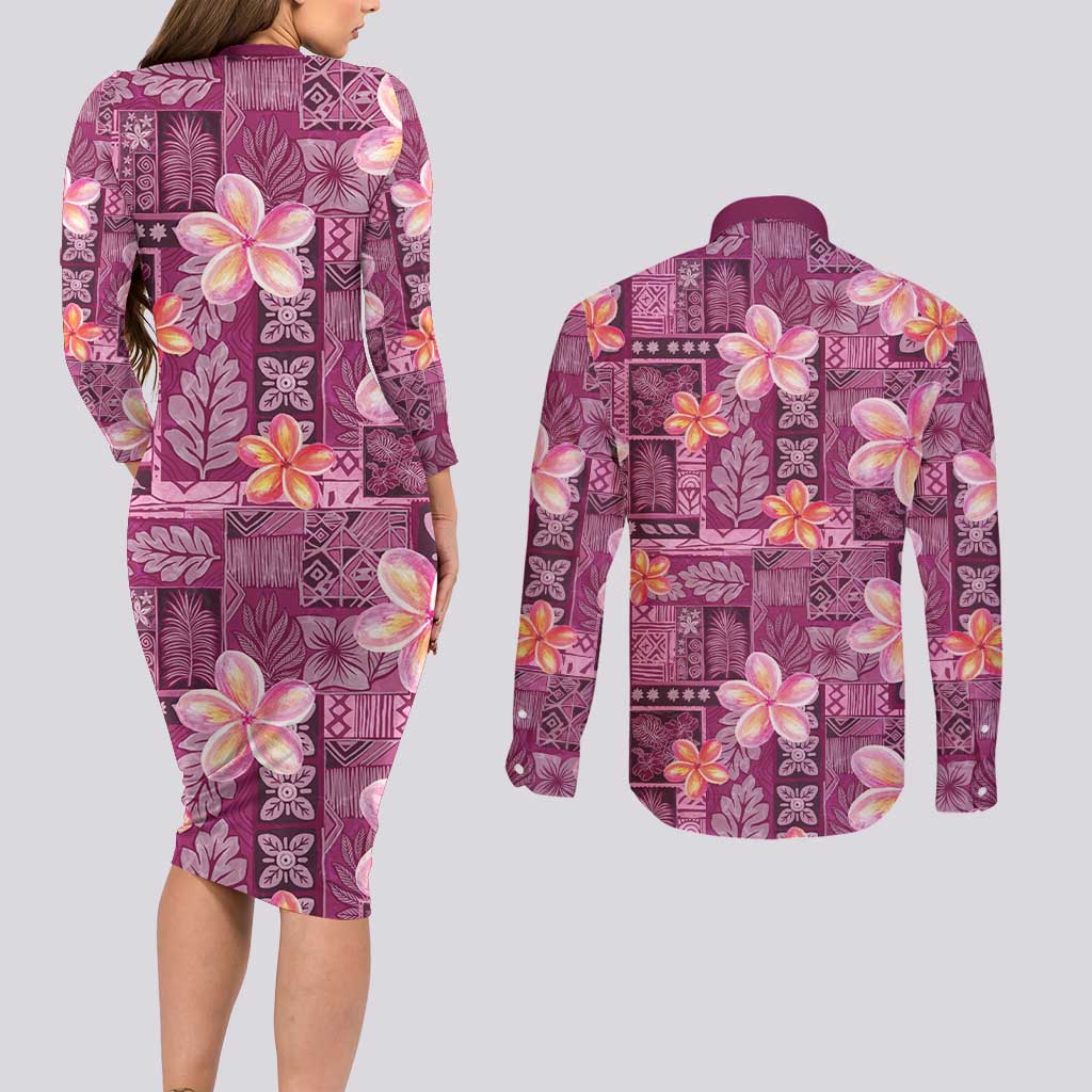 Pink Hawaii Plumeria With Tropical Flowers Motifs Couples Matching Long Sleeve Bodycon Dress and Long Sleeve Button Shirt