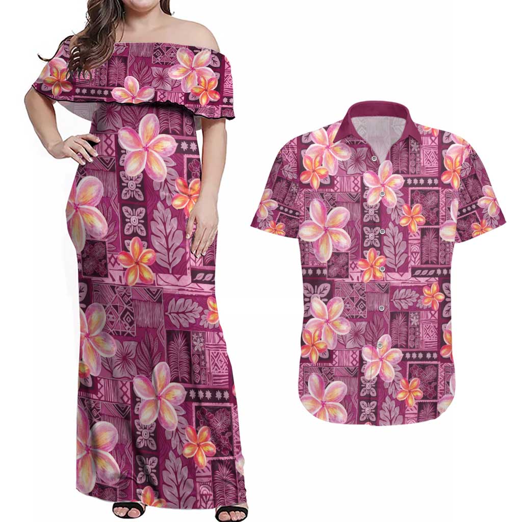 Pink Hawaii Plumeria With Tropical Flowers Motifs Couples Matching Off Shoulder Maxi Dress and Hawaiian Shirt