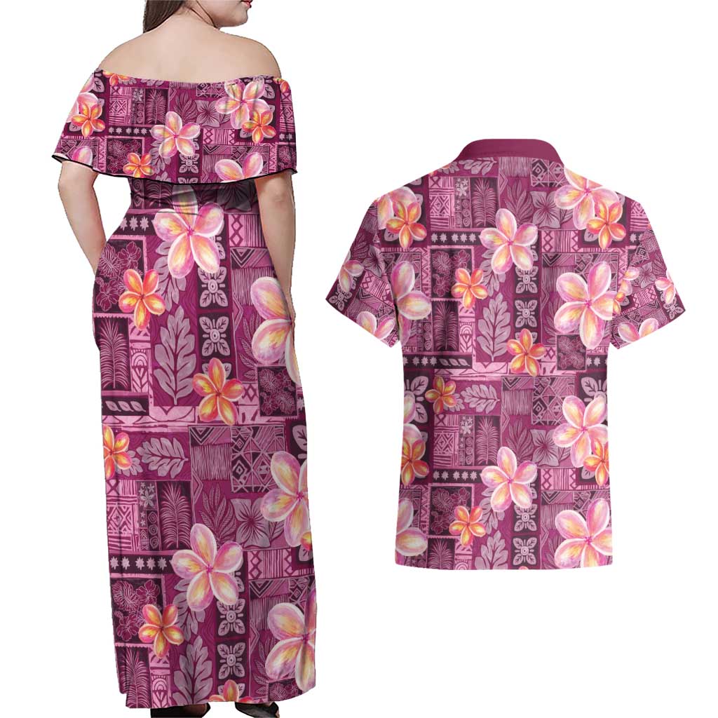 Pink Hawaii Plumeria With Tropical Flowers Motifs Couples Matching Off Shoulder Maxi Dress and Hawaiian Shirt