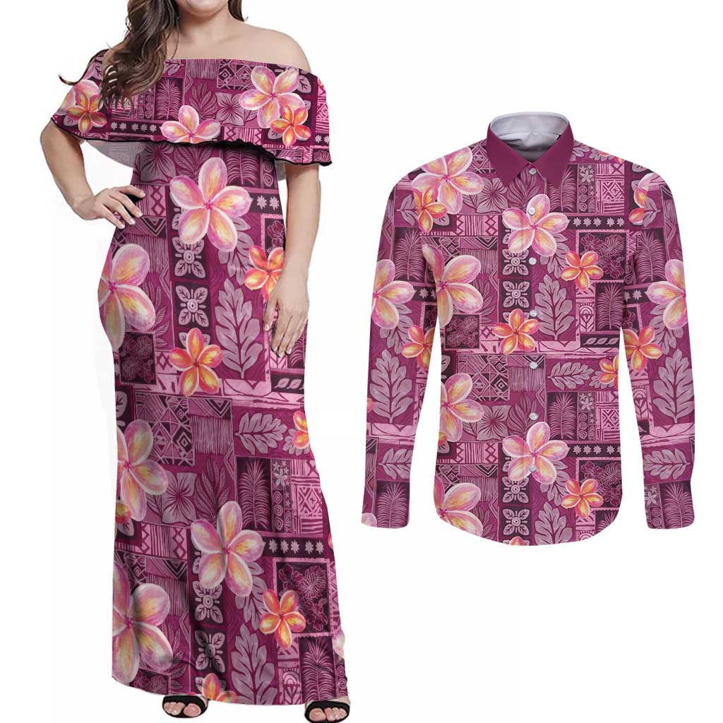 Pink Hawaii Plumeria With Tropical Flowers Motifs Couples Matching Off Shoulder Maxi Dress and Long Sleeve Button Shirt