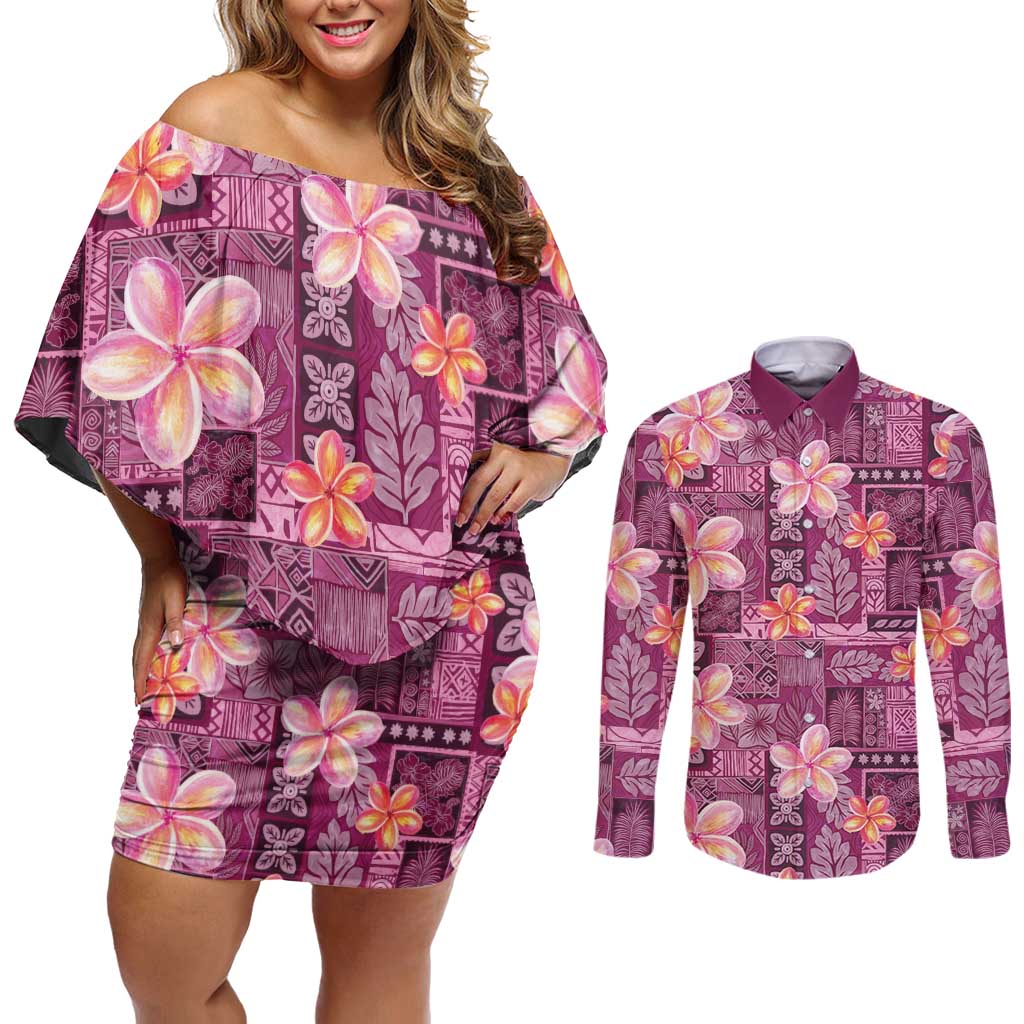 Pink Hawaii Plumeria With Tropical Flowers Motifs Couples Matching Off Shoulder Short Dress and Long Sleeve Button Shirt