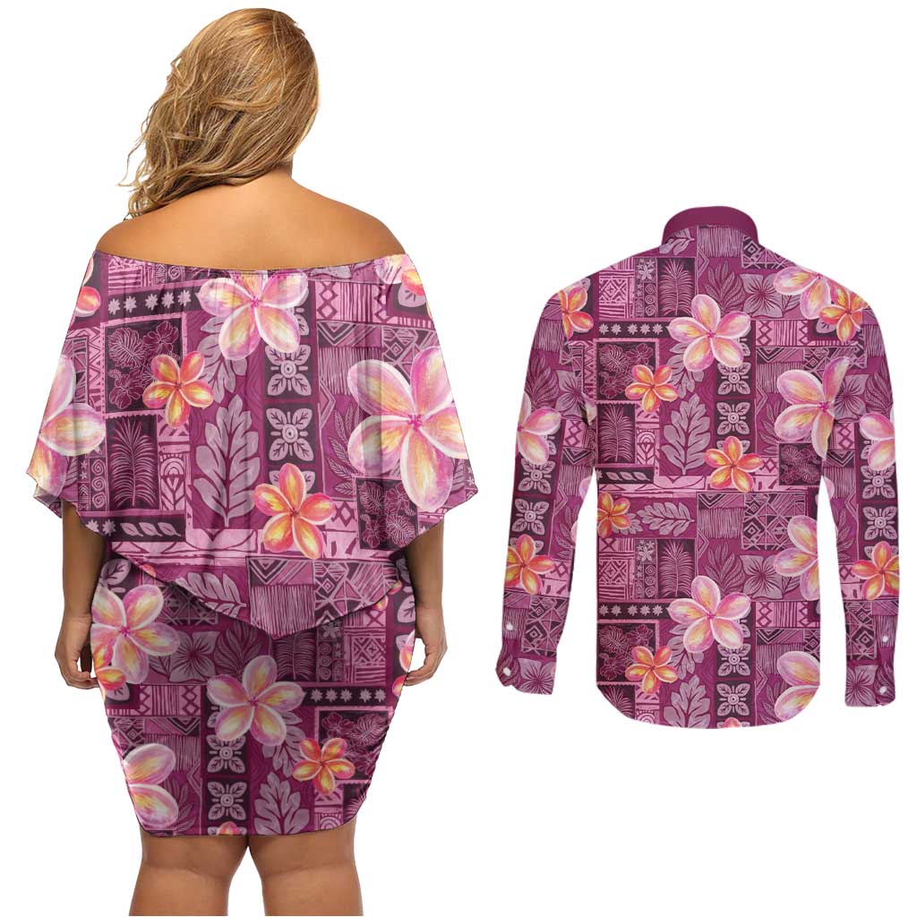 Pink Hawaii Plumeria With Tropical Flowers Motifs Couples Matching Off Shoulder Short Dress and Long Sleeve Button Shirt