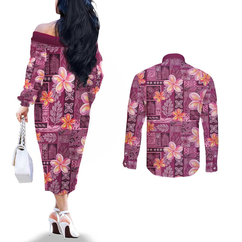 Pink Hawaii Plumeria With Tropical Flowers Motifs Couples Matching Off The Shoulder Long Sleeve Dress and Long Sleeve Button Shirt