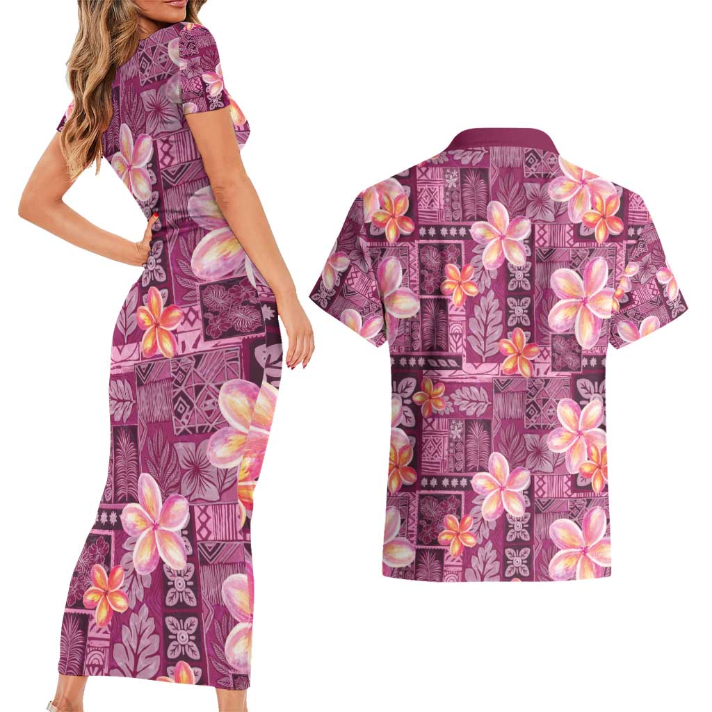 Pink Hawaii Plumeria With Tropical Flowers Motifs Couples Matching Short Sleeve Bodycon Dress and Hawaiian Shirt