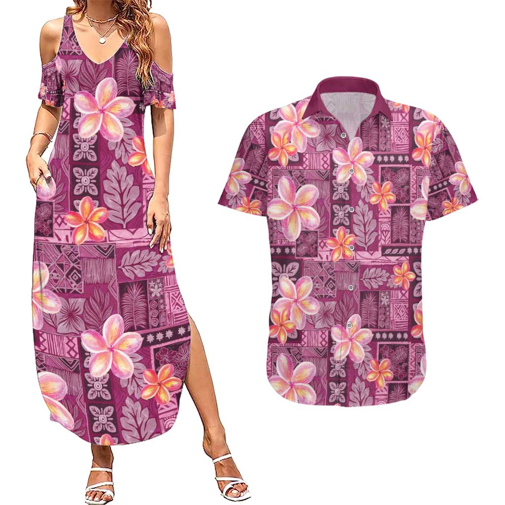 Pink Hawaii Plumeria With Tropical Flowers Motifs Couples Matching Summer Maxi Dress and Hawaiian Shirt