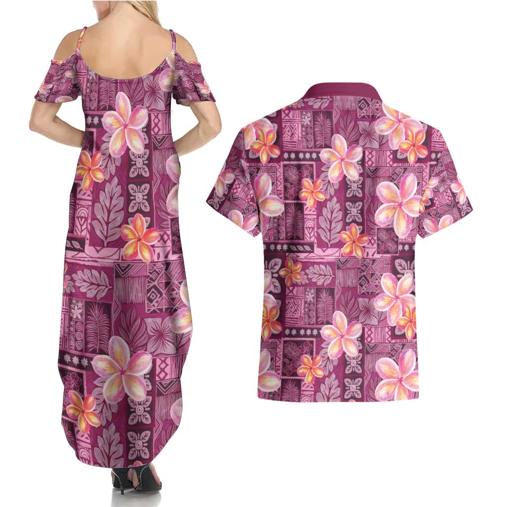 Pink Hawaii Plumeria With Tropical Flowers Motifs Couples Matching Summer Maxi Dress and Hawaiian Shirt