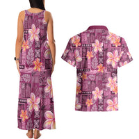 Pink Hawaii Plumeria With Tropical Flowers Motifs Couples Matching Tank Maxi Dress and Hawaiian Shirt