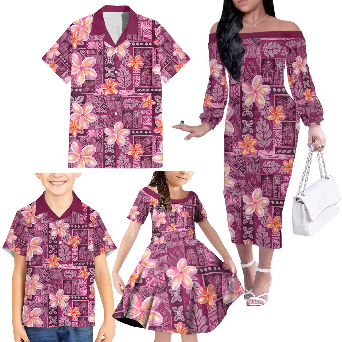 Pink Hawaii Plumeria With Tropical Flowers Motifs Family Matching Off The Shoulder Long Sleeve Dress and Hawaiian Shirt